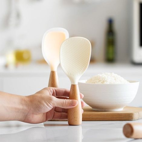 Cuillère à riz en silicone avec manche en bois, revêtement antiadhésif, spatule pour cuiseur à riz, ustensile de cuisine (1/4)