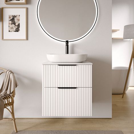 BERNSTEIN - Mueble lavabo suspendido MDF blanco mate estriado 60x46x62cm, Encimera de lavabo blanco brillo + Tirador cromado - TIM60 cromo, blanco brillante, Perfilado blanco mate