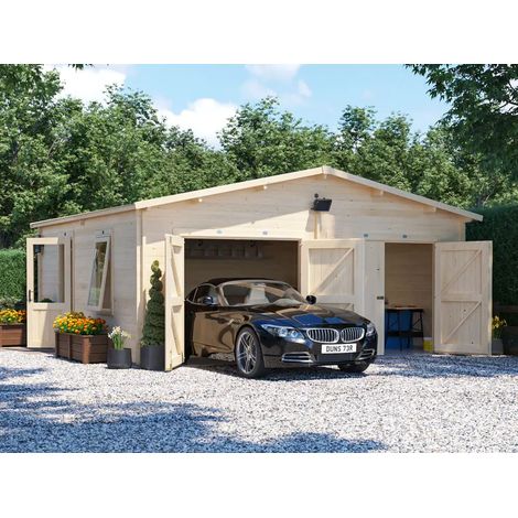 Wooden Double Garage Deore 6m x 5.5m - Garden Drive Car Storage Tool Shed Workshop Log Cabin Roof Felt (1/5)