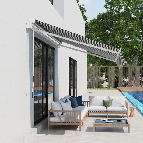 Toldo, parasol, retráctil, con manivela, estructura metálica, poliéster, azul y blanco, 3,95 x 2,45 x 3,50 m