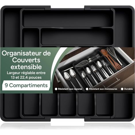 Range-Couverts Extensible Tiroir Cuisine Noir, 9 Compartiments S'adapte 33–57cm Résistant Rayures (1/5)