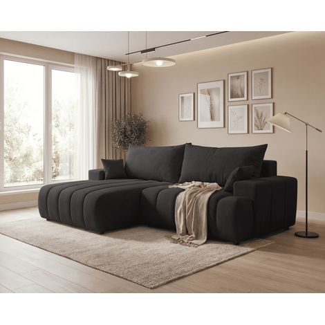 Emporius Canapé d'angle avec rangement Hago - 270 cm, tissu velours, gauche - canapé convertible, Noir (1/5)