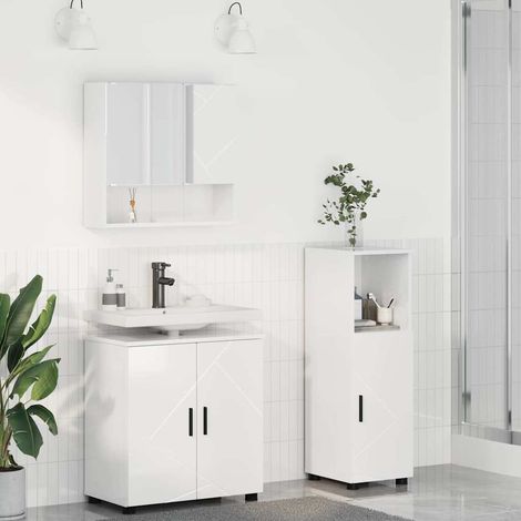 Badezimmermöbel-Set 3 pcs Hochglanz Weiß Holzwerkstoff & Metall