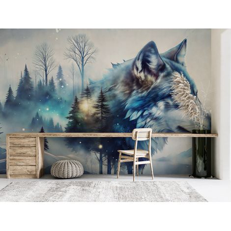 Papier peint animaux - loup mystique dans la forêt enneigée - 150 x 250 cm (1/2)