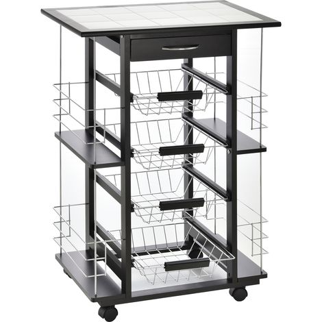 Homcom – Desserte de cuisine sur roulettes – 4 paniers coulissants en métal – Plateau carrelé blanc – Structure en bois de pin noir – Dimensions 57L x 37l x 83H cm