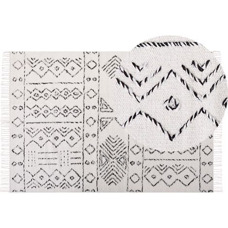 Alfombra de lana blanco crema negro 140 x 200 cm patrón azteca pelo corto Alkent (1/5)