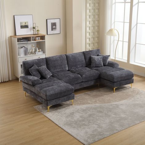 Yoleo – Canapé d'angle 5 places en tissu chenille – Canapé en forme de U avec 4 coussins – Confort optimal pour salon et chambre – Gris