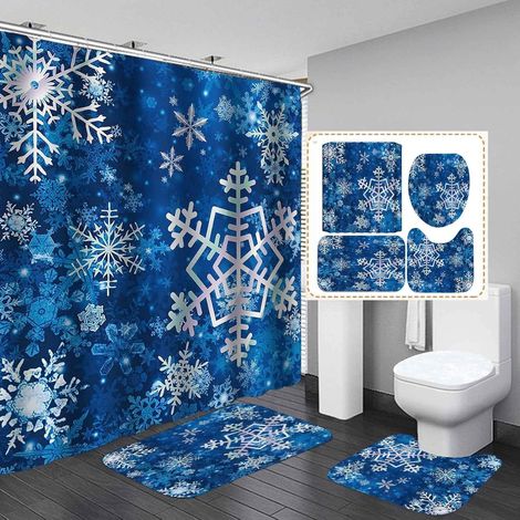 Rideau De Douche Noel - 180 X 180 Cm - Imperméable - Tapis De Bain Antidérapant - Ensemble 4 Pièces - Rideau + Tapis Sol + Tapis En U + Housse De Couvercle De WC (1/5)