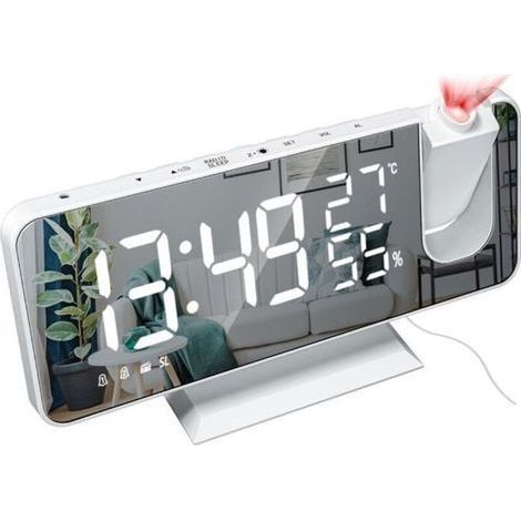 Alarm Clock Radio LED Projection Fashion Adjustable Mirror Alarm Clock Temperature and Humidity Display -B (1/3)