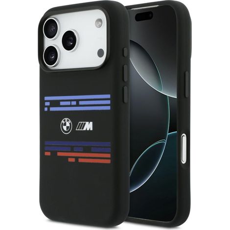Coque BMW M en silicone à lignes horizontales MagSafe pour iPhone 17 Pro, noire (1/5)