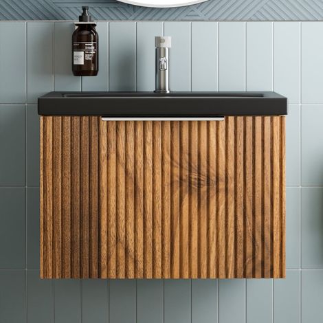 Fluted 600mm Bathroom Vanity Unit Basin Wall Hung Cupboard Soft Close Walnut (1/5)
