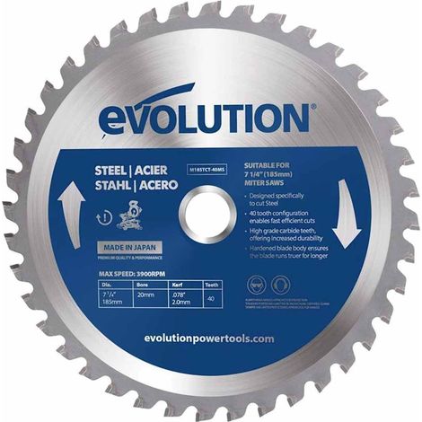 Evolution M185TCT-40MS Steel Cutting Circular Saw Blade – 185mm Diameter, Carbide-Tipped for Non-Overheating, Low Vibration, and Sparks-Free Metal Cutting
