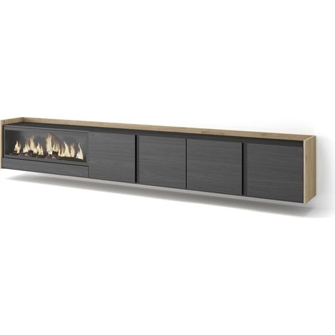 Skraut Home - Mueble TV, Televisión, Muebles de salón, almacenaje, 315x35x50cm, Para TV hasta 80", Chimenea eléctrica XXL, Colgado, Suspendido, Estilo Moderno, Negro y roble (1/5)