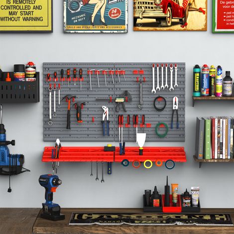 Panneau perforé mural pour outils, ensemble de 54 porte-outils pour atelier, bacs de rangement, crochets, PP, gris et rouge, 95,5 x 23 x 53,5 cm