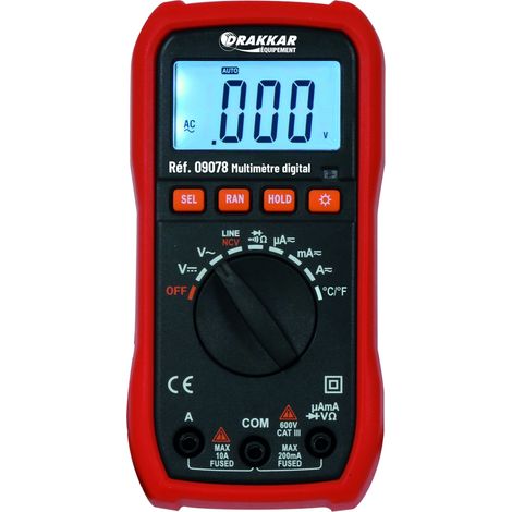 Drakkar Equipement – Multimètre digital Cat III 600V – Écran LCD rétroéclairé – Protection anti-chocs – Plage de température -20°C à 750°C