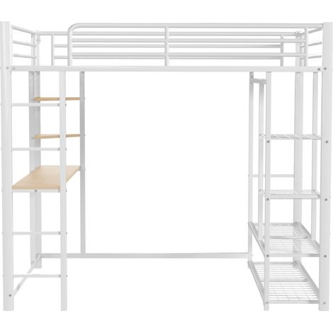 Metall-Hochbett in Weiß 140 x 200 cm mit Schreibtisch, Leiter und Regalen (1/5)