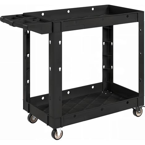Chariot d'atelier 2 niveaux avec poignée latérale, noir, pour garage, entrepôt et rangement d'outils de bricolage (1/5)