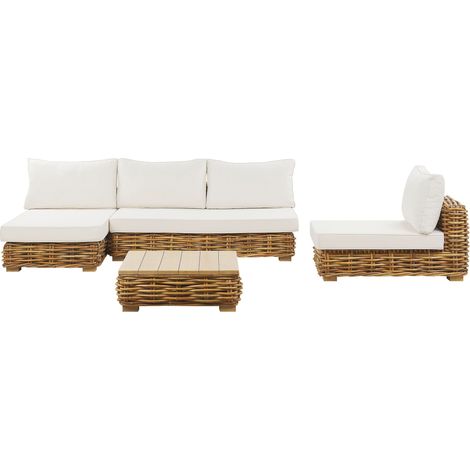 Conjunto de salón 4 plazas de ratán natural marrón blanco derecho cojines mesa Varallo