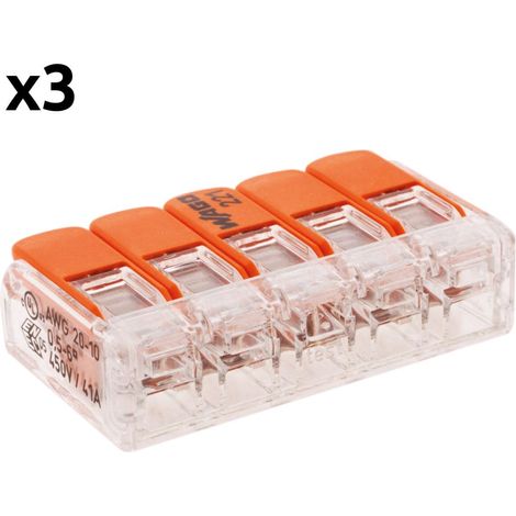 Wago – Pack de 3 bornes de connexion rapide à levier 5 entrées pour fils souples et rigides – Intensité 32A – Tension 450V – Section 0.14 à 4 mm²