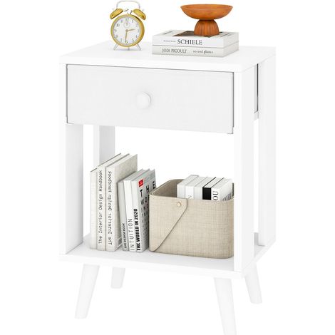 Table de Chevet, Table d'Appoint, Commode de Chevet, Tiroir en Tissu, Étagère Ouverte, Pieds Massifs en Bois, Moderne, Structure Simple, pour Chambre, Salon, Blanc HST012W (1/5)