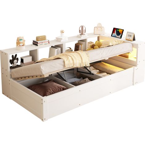 Divano letto 90x200 cm con contenitore idraulico, presa integrata e LED multicolore, letto salvaspazio con vani laterali e testiera, bianco  CHICFURN (1/5)