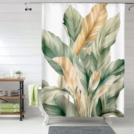 Rideau de douche motif feuilles de caoutchouc, œillets plastique, résistant (1/5)