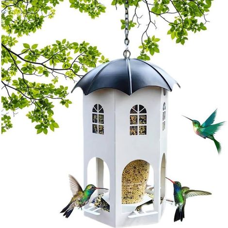 Mangeoire à oiseaux suspendue en métal , Mangeoire ronde pour oiseaux sauvages, pour pelouses et jardins extérieurs , Blanc (1/4)