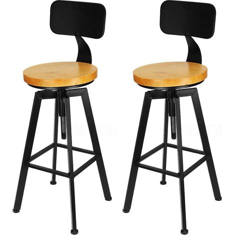 Lote de 2 taburetes de bar de cuero - Altura regulable (64-84 cm) - Metal y madera - Taburete de bar redondo - Taburete de bistro - Taburete de mostrador