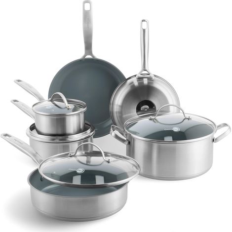 GreenPan Treviso Set di 10 Pentole e Padelle in Acciaio Inox con Rivestimento Ceramico Antiaderente Sano, Padella, Casseruola e Tegami, senza PFAS, Induzione, Forno e Lavastoviglie, Argento (1/5)