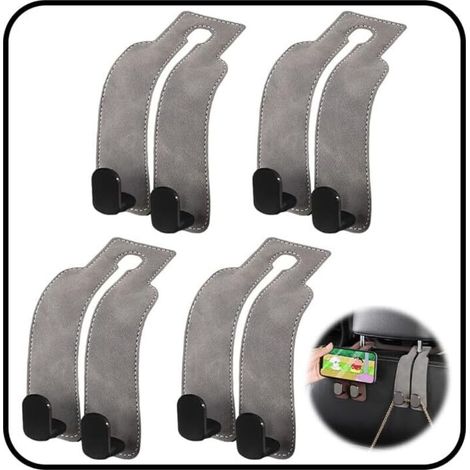 Set di 4 ganci per poggiatesta auto, ganci doppi per sedili auto, ganci portaoggetti in pelle, ganci multifunzionali per schienale sedile auto (grigio) (1/4)