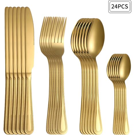 (24 pièces or) Ensemble de couverts en acier inoxydable doré, comprenant un couteau, une fourchette, une cuillère et un couteau et une fourchette à steak. (1/5)