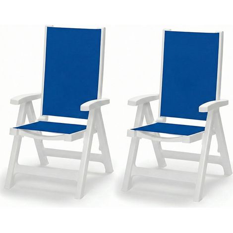 Set 2 Poltrone Sedia da Giardino Pieghevole 5 Posizioni large Bianca in Tecnopolimero e Tessuto blu Traspirante Idrorepellente per Esterno 62x68x110cm Comfort e Relax Outdoor Esmeralda Tex sca-b