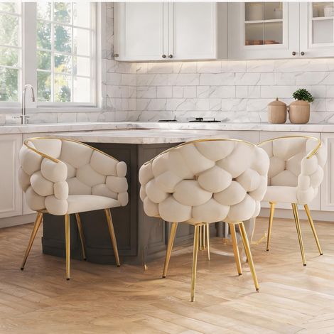 Lot de 4 chaises en velours beige avec pieds en fer doré (1/5)
