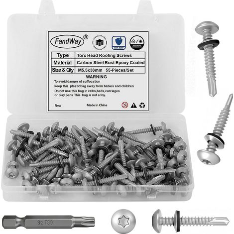55 Pièces Vis Autoforeuse Metal, M5,5x38mm Vis à Tôle Autotaraudeses de Toiture et Autoperforante Acier Carbone Tête Ronde Avec Rondelles EPDM pour Alu Bois Tôle Plastique. Avec 1 TX30. (1/5)