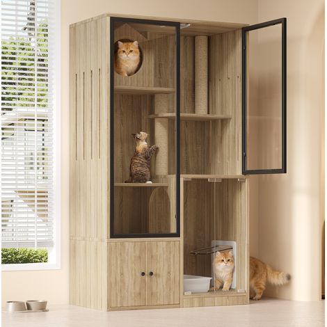 Cage chat intérieur multi-étages bois naturel HAVRYA (1/5)