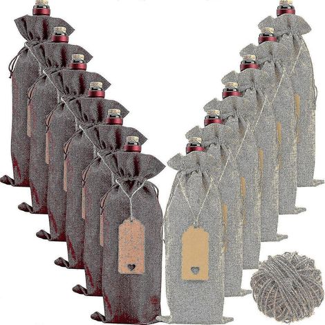 Sacs à vin en toile de jute, 12 sacs cadeaux pour bouteilles de vin avec cordons de serrage, étiquettes et cordes