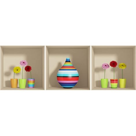 Stickers adhésifs 3D Sticker Mural Autocollant effet 3D Fleurs vase multicouleur Stickers muraux Chambre Adulte Deco Salon Autocollants muraux Trompe l'oeil 40x120cm