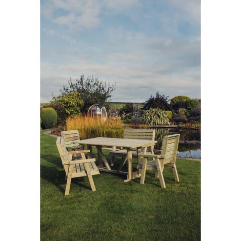 Clover 6 Seater Rectangular Table Set with 2 Chair and 2 Bench - Pressure Treated Timber - Partially Assembled