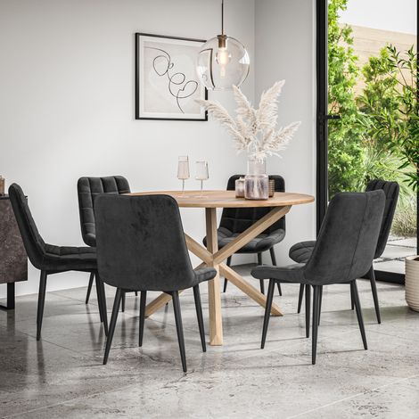 Malvern Round Dining Table And Chairs - Oak Table Top w Solid Oak Legs + Nova Velvet Dining Chair Set Of 6 (Black) (1/5)