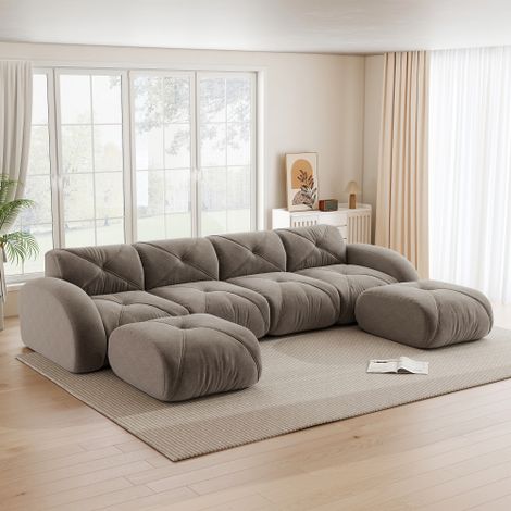 Canapé modulaire en forme de U, canapé sans cadre, canapé combinaison 4 places, avec 2 poteaux, adapté au salon, tissu confortable, design antidérapant, aucun montage nécessaire, marron