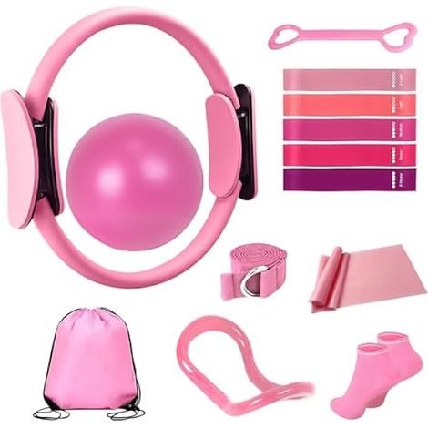 Kit Pilates - Anneau Pilates 35 cm - Ballon Yoga Gonflable 25 cm - 5 Bandes de Résistance - Chaussettes Anti-dérapantes - Sac de Transport - 13 Pièces (1/3)