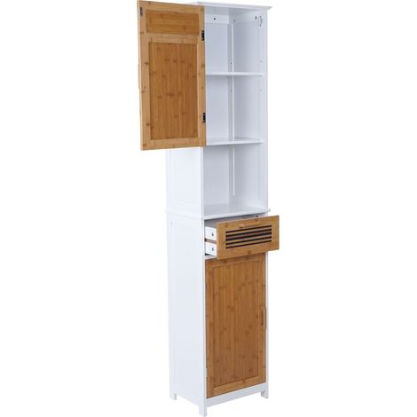 Mobile da bagno alto con mensola in bambù 180x40x31 cm bianco 040001506