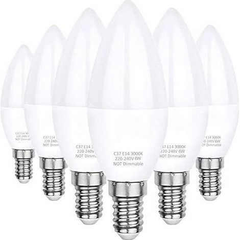 Ampoules LED E14, lumière blanche chaude 3000K, LED C37 6W (équivalent à une ampoule halogène de 60W), angle de faisceau de 360°, paquet de 6 (1/5)