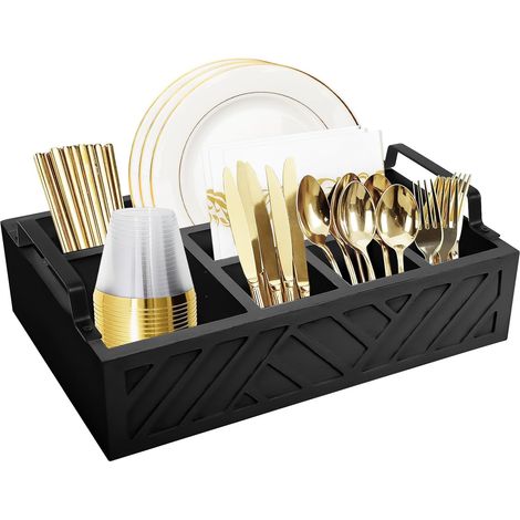 Portable Wooden Storage 6 Compartments Cutlery Box Kitchen Elegant Utensil Holder Cutlery Organizer for Coffee Forks Kitchen Worktop (Black) (1/5)