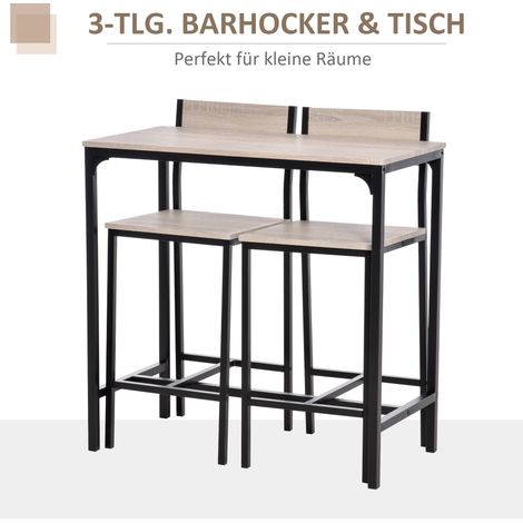Table de bar avec 2 tabourets de bar, table à manger avec 2 chaises à dossier, table de cuisine en bois naturel pour salle à manger, cuisine (1/4)