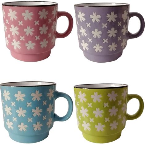 Tazza da latte per colazione tazzone con FIORI bianchi set da 2 cucina idea regalo in ceramica eleganti particolari - colorigenerali: CELESTE (1/5)