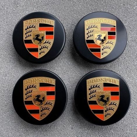 4 enjoliveurs de roue Porsche noirs incurvés de 76 mm avec logo. couleur assortie (1/3)