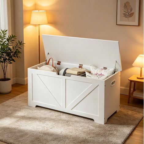 Panca contenitore 100 x 40 x 47 cm con vano nascosto, bianco HAVRYA (1/5)