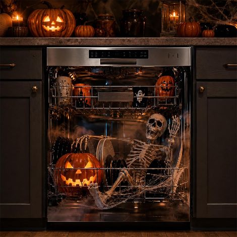 Couvercle magnétique pour lave-vaisselle Halloween 2027, illusion 3D, entièrement magnétique : B Couvercle magnétique pour lave-vaisselle Halloween, dos entièrement magnétique, squelette illusion 3D (1/5)