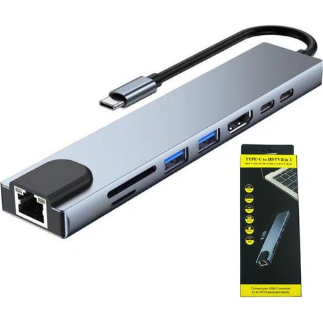 Hub USB-C 8 en 1, HDMI 4K, 2 ports USB 3.0, charge rapide PD 100 W, lecteur de cartes SD/TF, Ethernet Gigabit, adaptateur multiport (1/5)